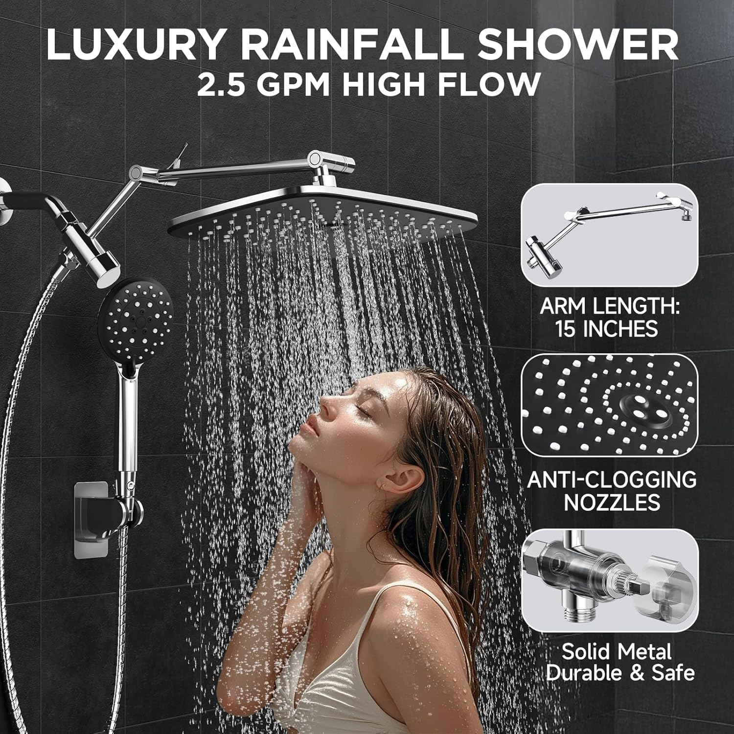 Veken Wide Rain Shower Head with Handheld Spray, High Pressure Combo with Adjustable Arm, Chrome Finish - Image 4
