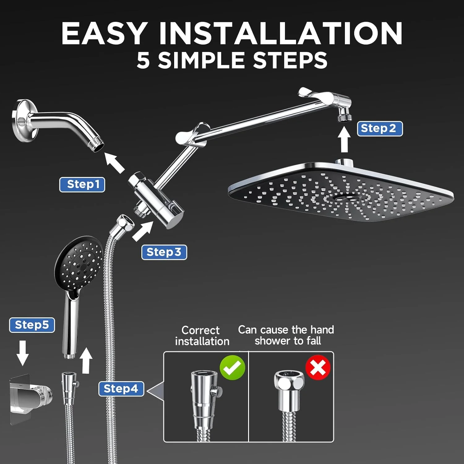 Veken Wide Rain Shower Head with Handheld Spray, High Pressure Combo with Adjustable Arm, Chrome Finish - Image 7