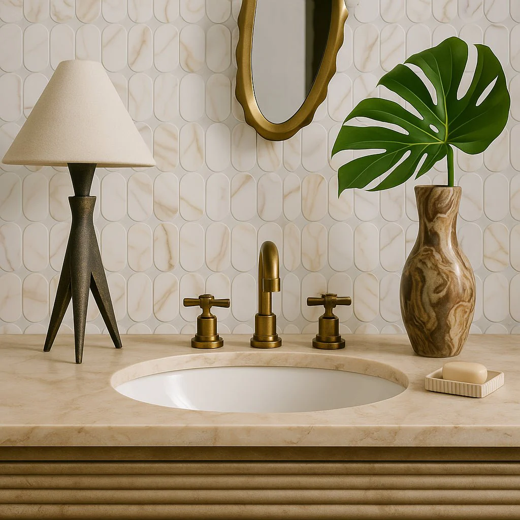 Viviano Marquise Oval Recycled Glass Mosaic - 13 x 13 White Polished Tile - Image 3