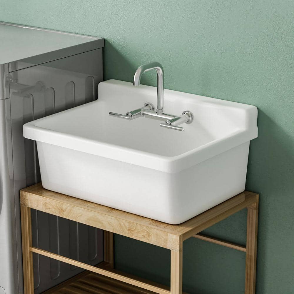 Vomlor 24 in. Wall Mount Fireclay Utility Sink with High Backsplash, White - Image 4