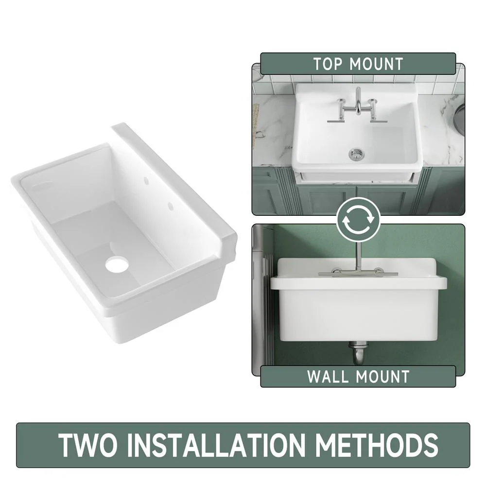 Vomlor 24 in. Wall Mount Fireclay Utility Sink with High Backsplash, White - Image 8