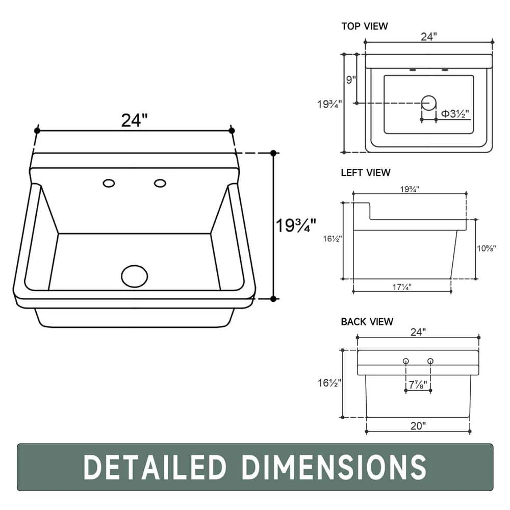 Vomlor 24 in. Wall Mount Fireclay Utility Sink with High Backsplash, White - Image 9