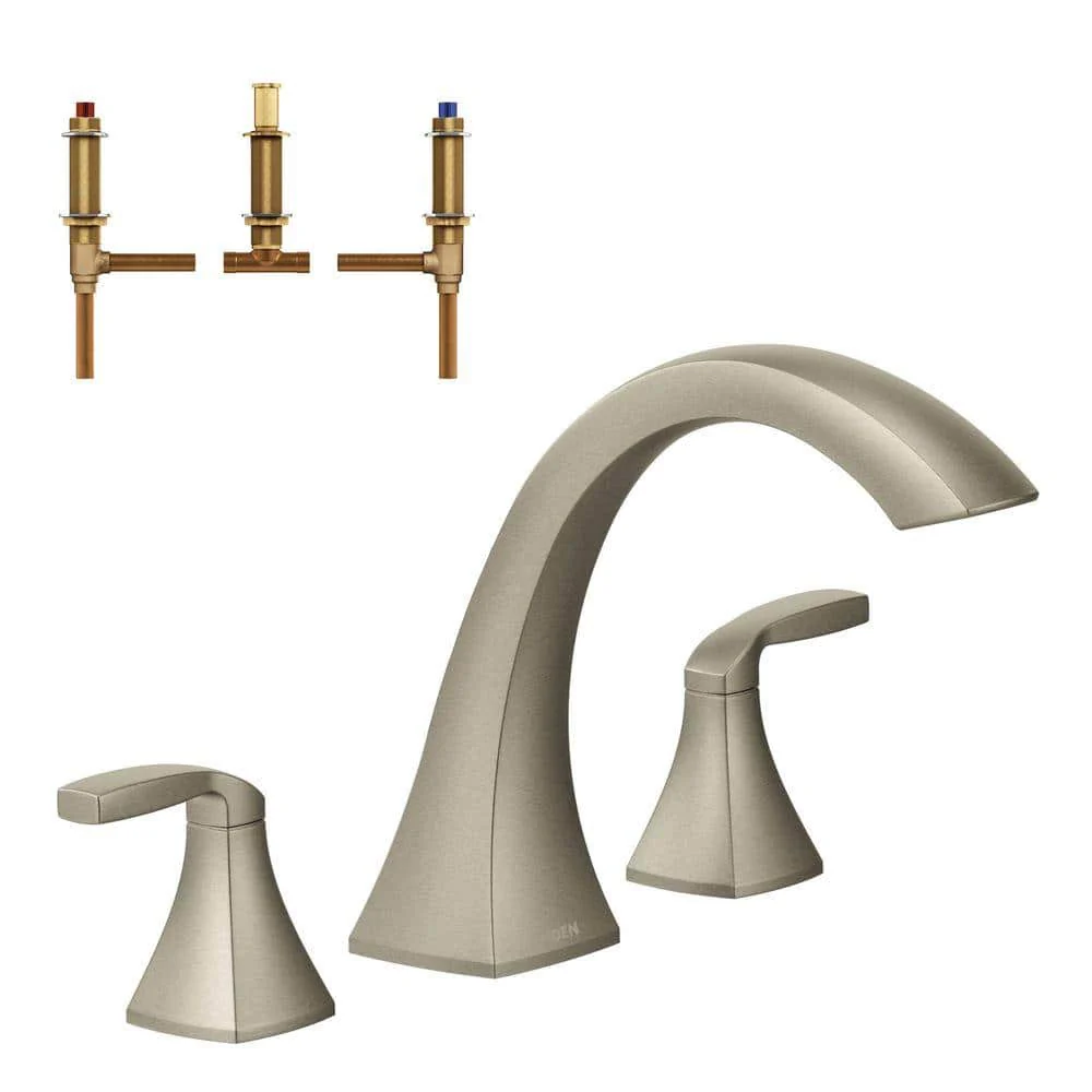 Voss 2-Handle Deck-Mount High Arc Roman Tub Faucet Trim Kit with Valve in Brushed Nickel