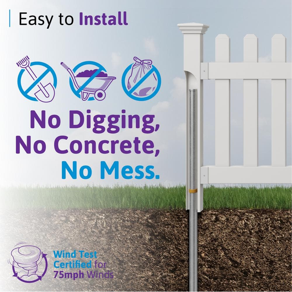 WamBam Fence 3 ft. x 6 ft. Newport Picket Vinyl Fence with No-Dig Steel Pipe Anchor Kit - Image 3