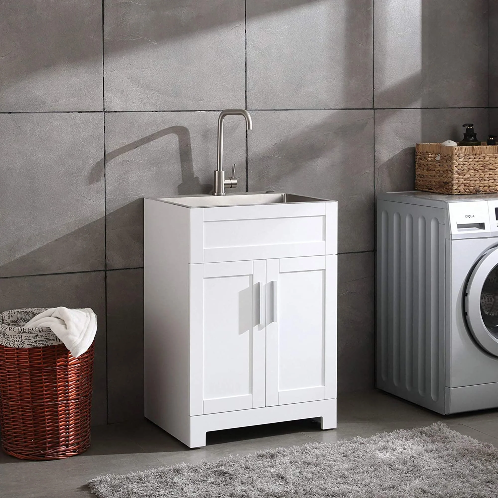 WELLFOR 24-in x 18-in White Freestanding Utility Tub with Faucet and Storage Cabinet