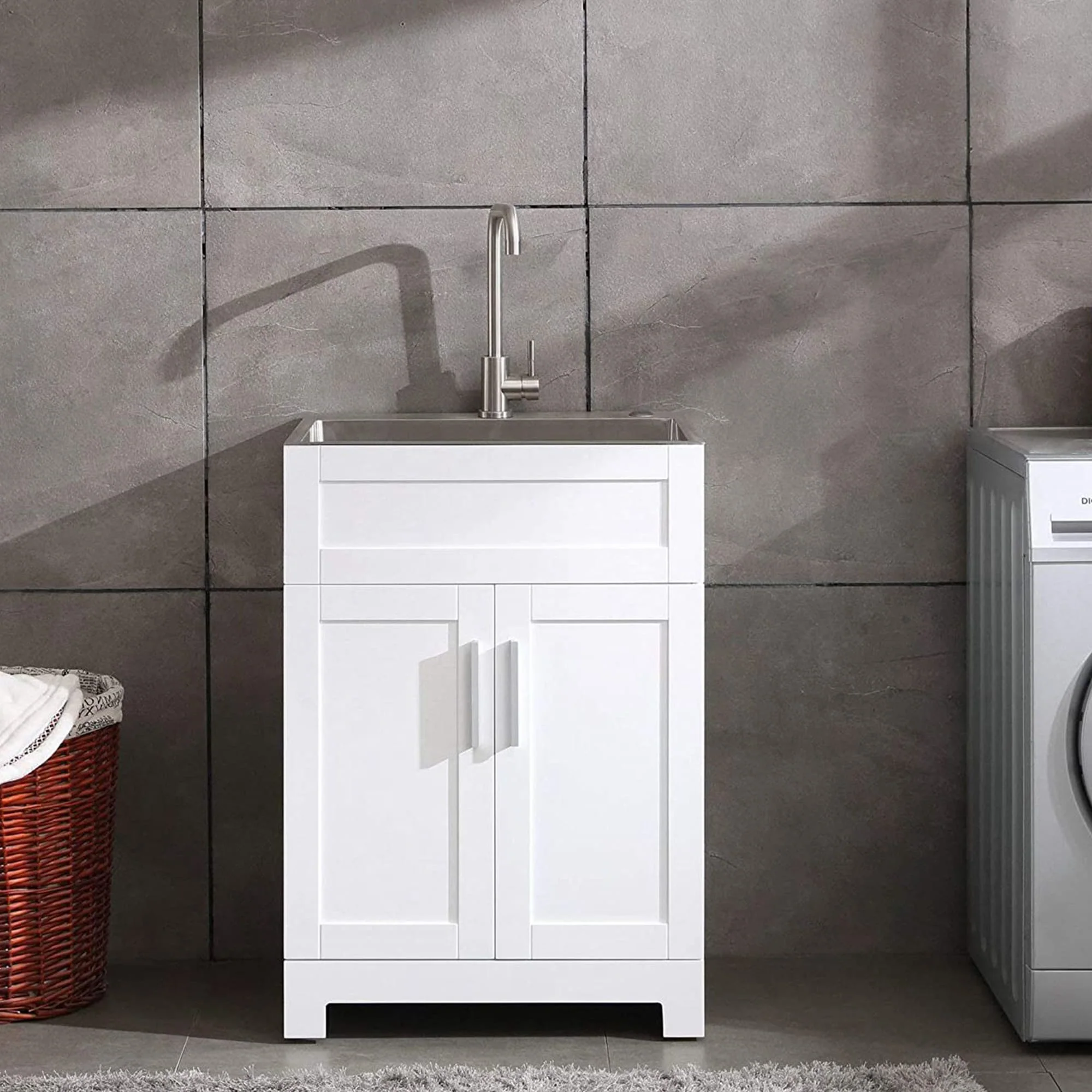 WELLFOR 24-in x 18-in White Freestanding Utility Tub with Faucet and Storage Cabinet - Image 5