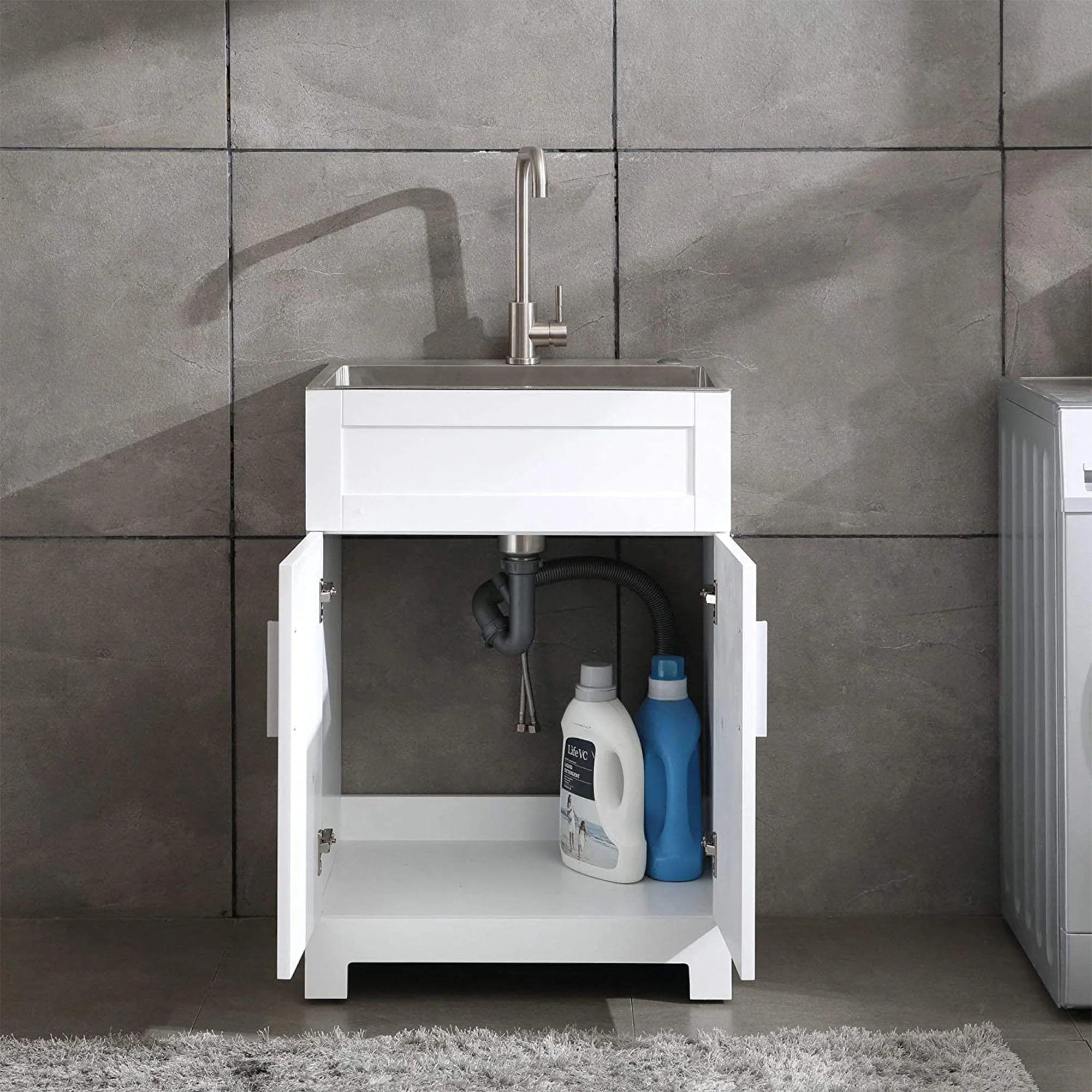WELLFOR 24-in x 18-in White Freestanding Utility Tub with Faucet and Storage Cabinet - Image 7