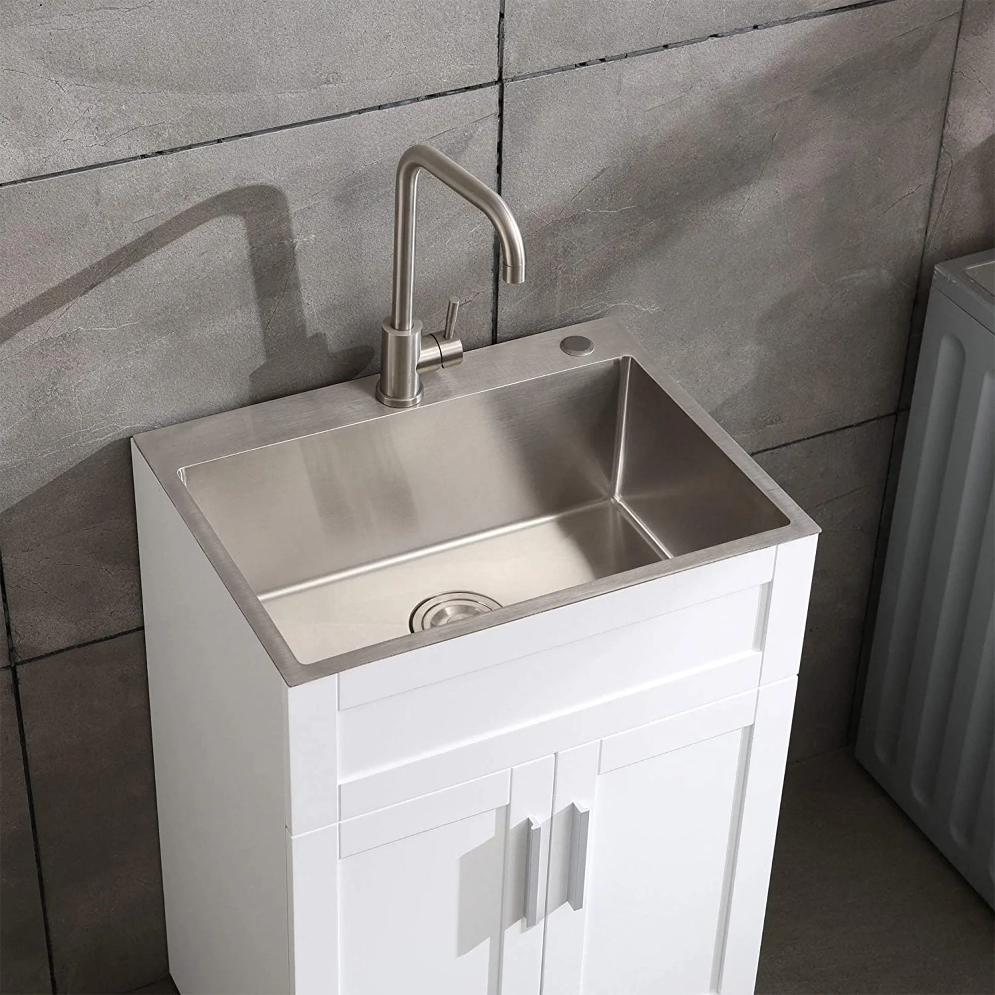 WELLFOR 24-in x 18-in White Freestanding Utility Tub with Faucet and Storage Cabinet - Image 8