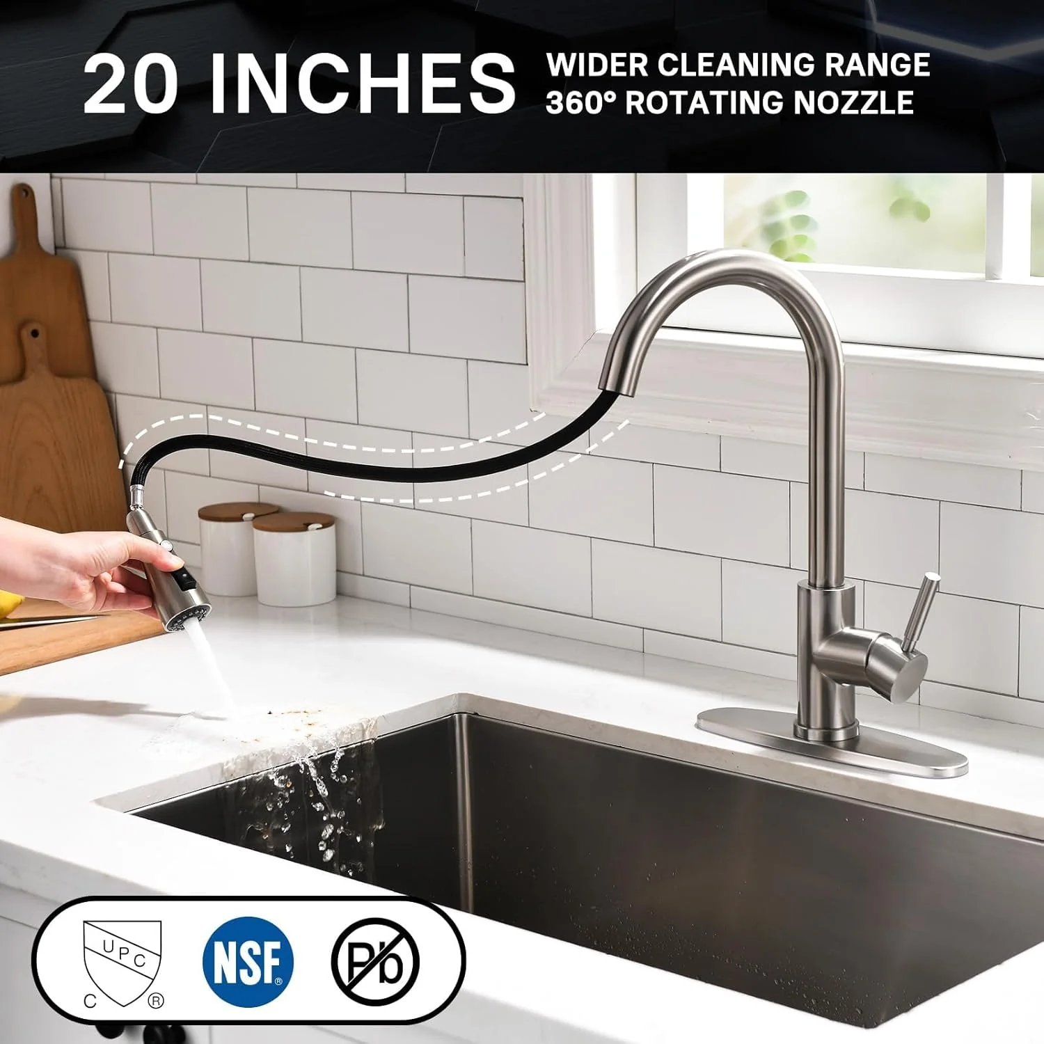 WEWE Single Handle High Arc Brushed Nickel Kitchen Faucet with Pull Down Sprayer - Image 2