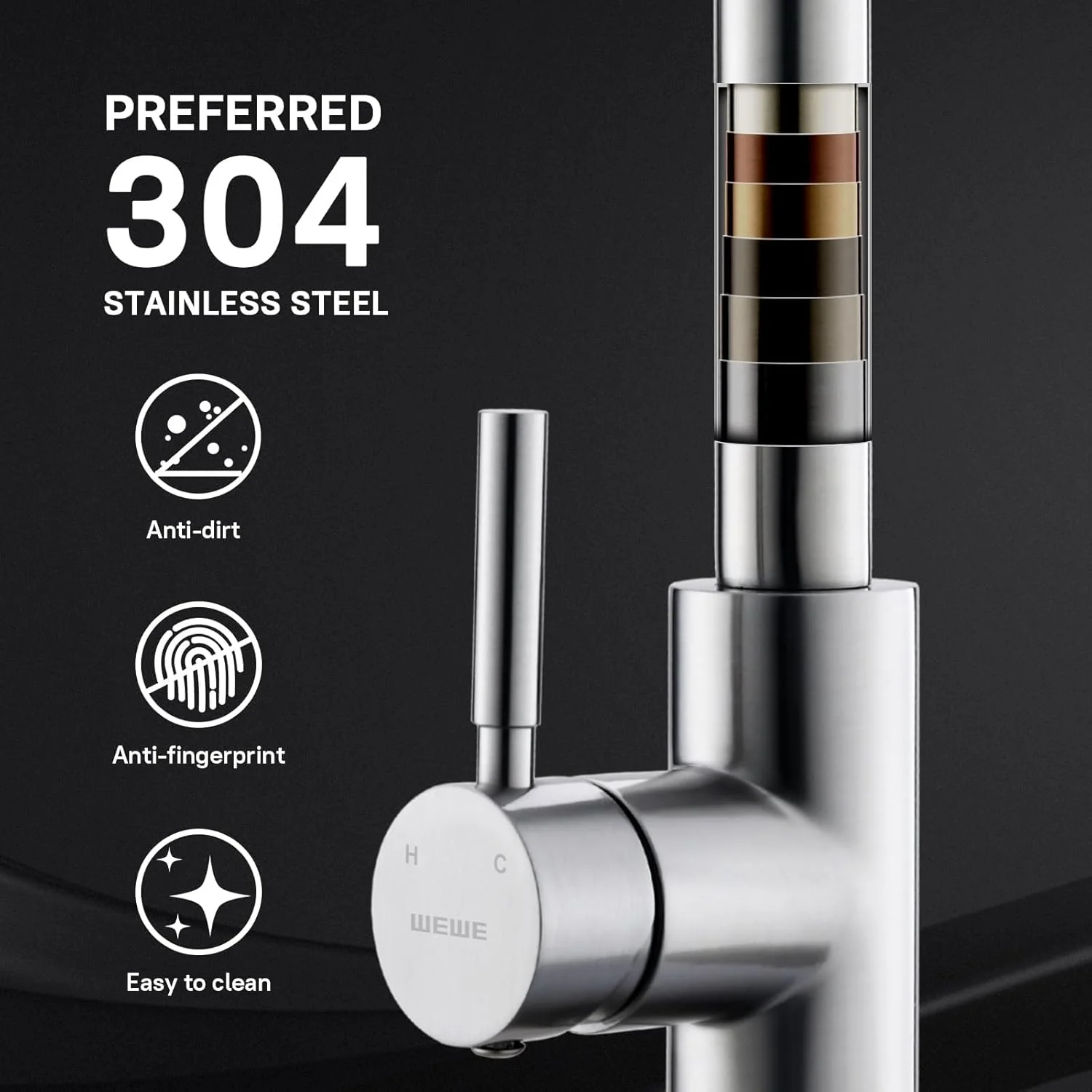 WEWE Single Handle High Arc Brushed Nickel Kitchen Faucet with Pull Down Sprayer - Image 5