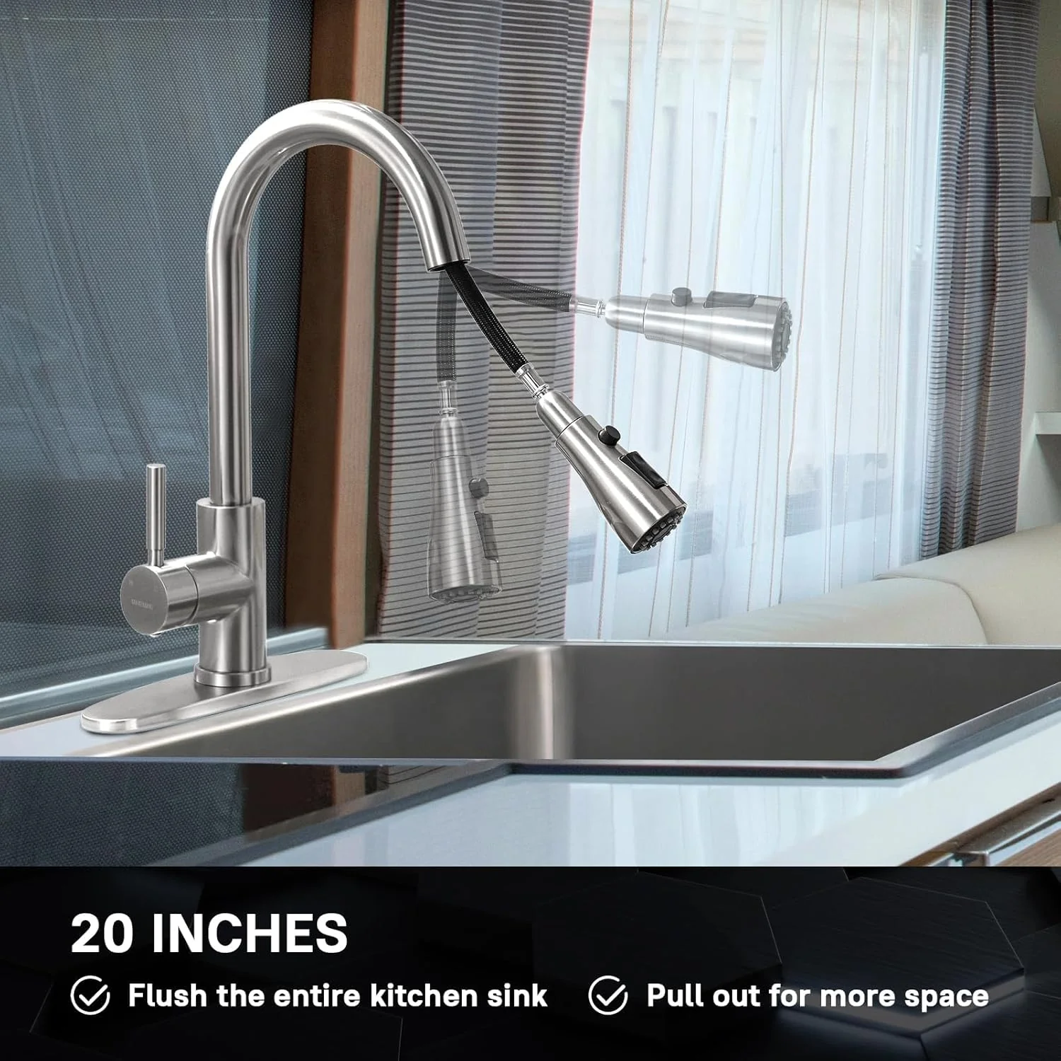 WEWE Single Handle High Arc Brushed Nickel Kitchen Faucet with Pull Down Sprayer - Image 7