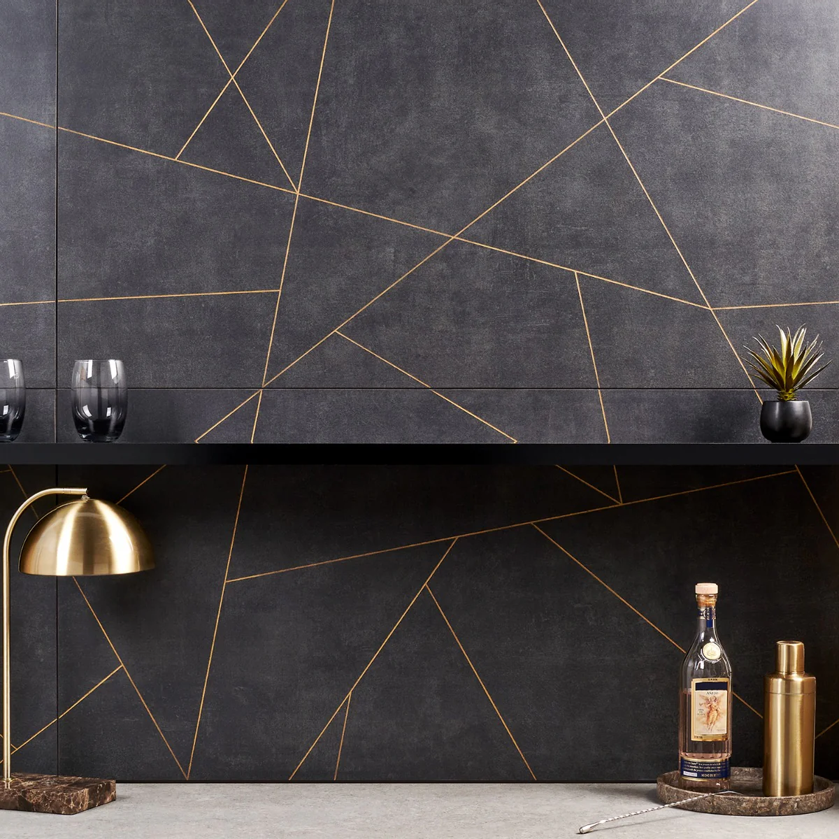 Whitney Ardesia Charcoal Black and Gold Line 24x48 Matte Porcelain Wall Tile - Image 2