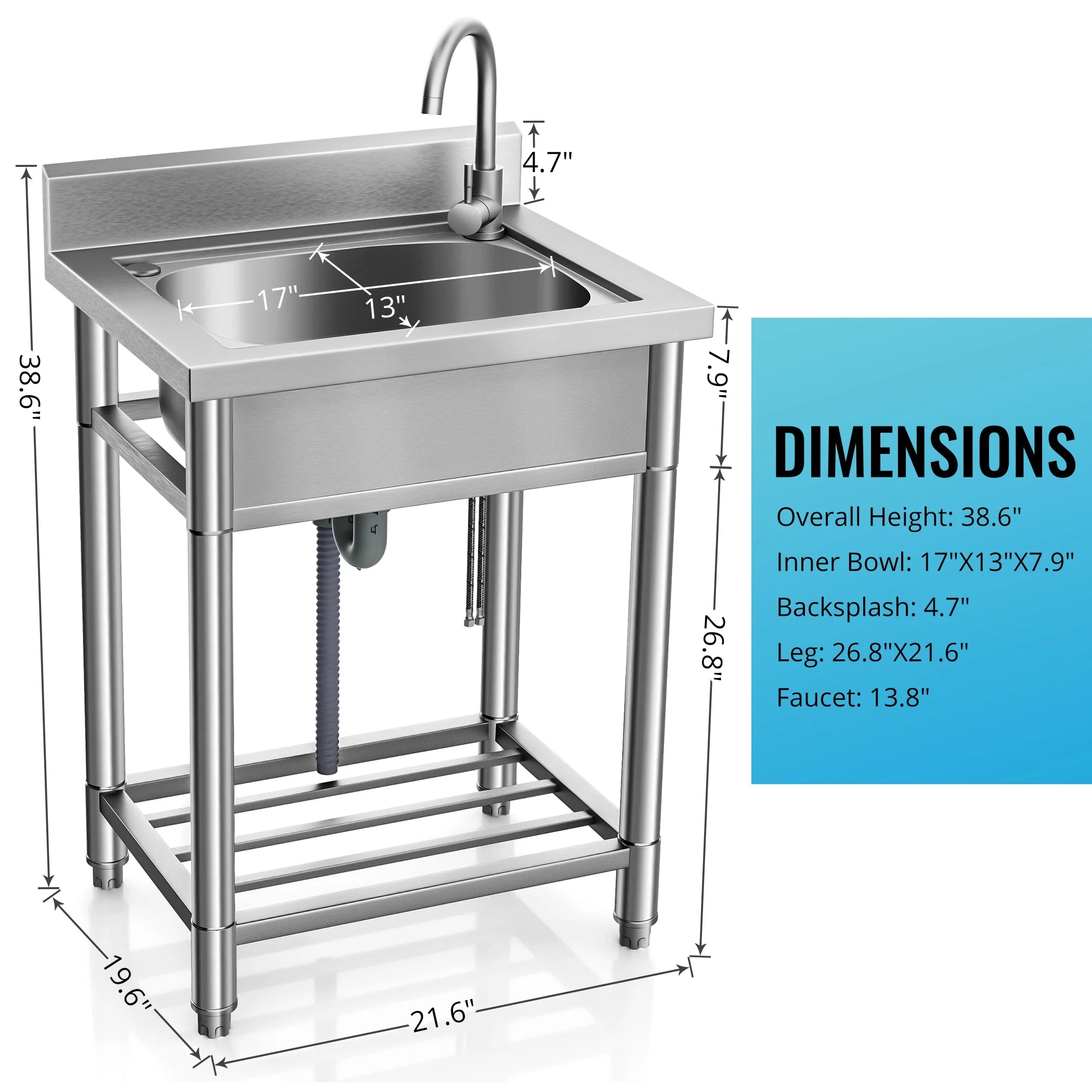 Wildaven Stainless Steel Freestanding Utility Tub - 54.99x61.01 in - Image 7