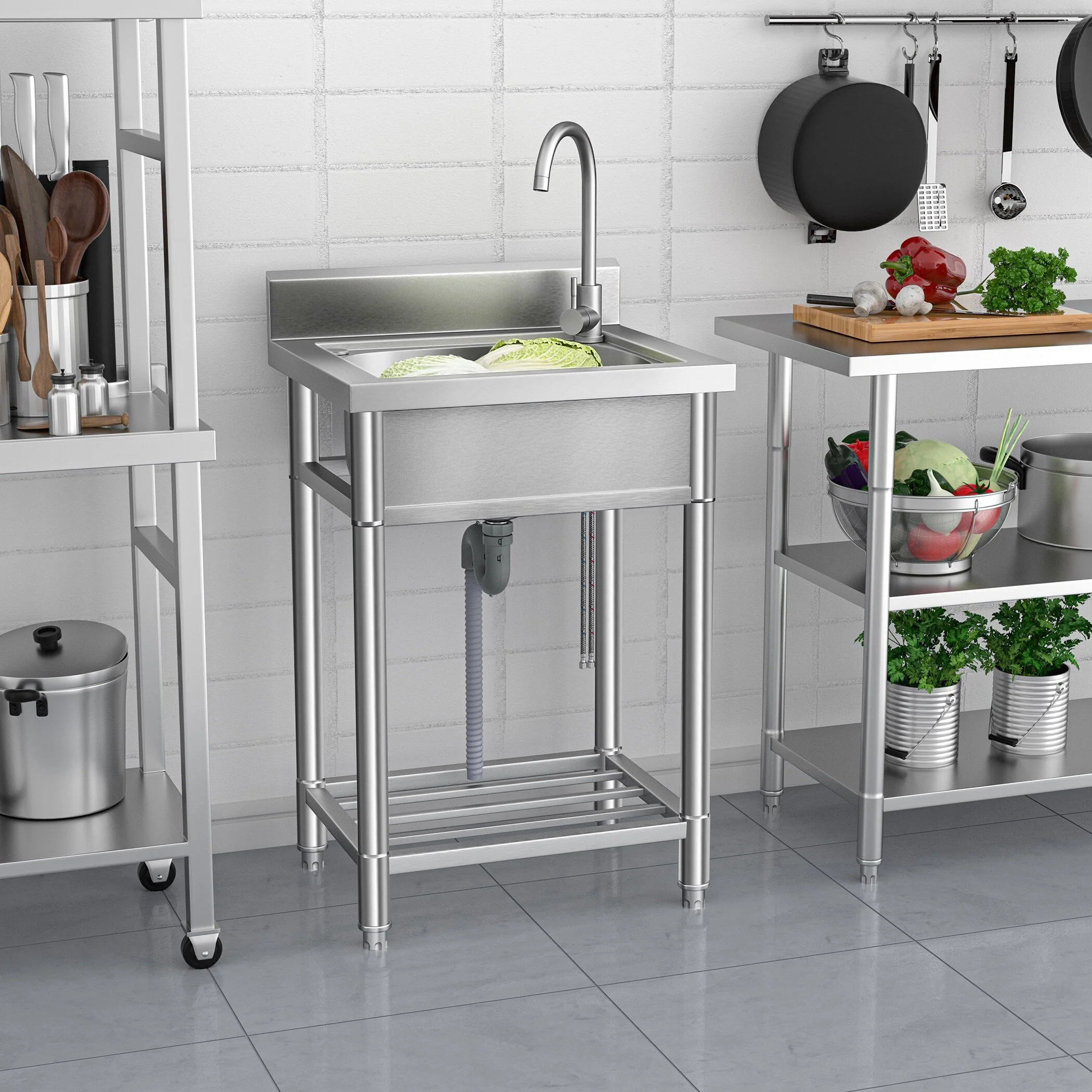 Wildaven Stainless Steel Freestanding Utility Tub with Drain and Faucet - Image 2