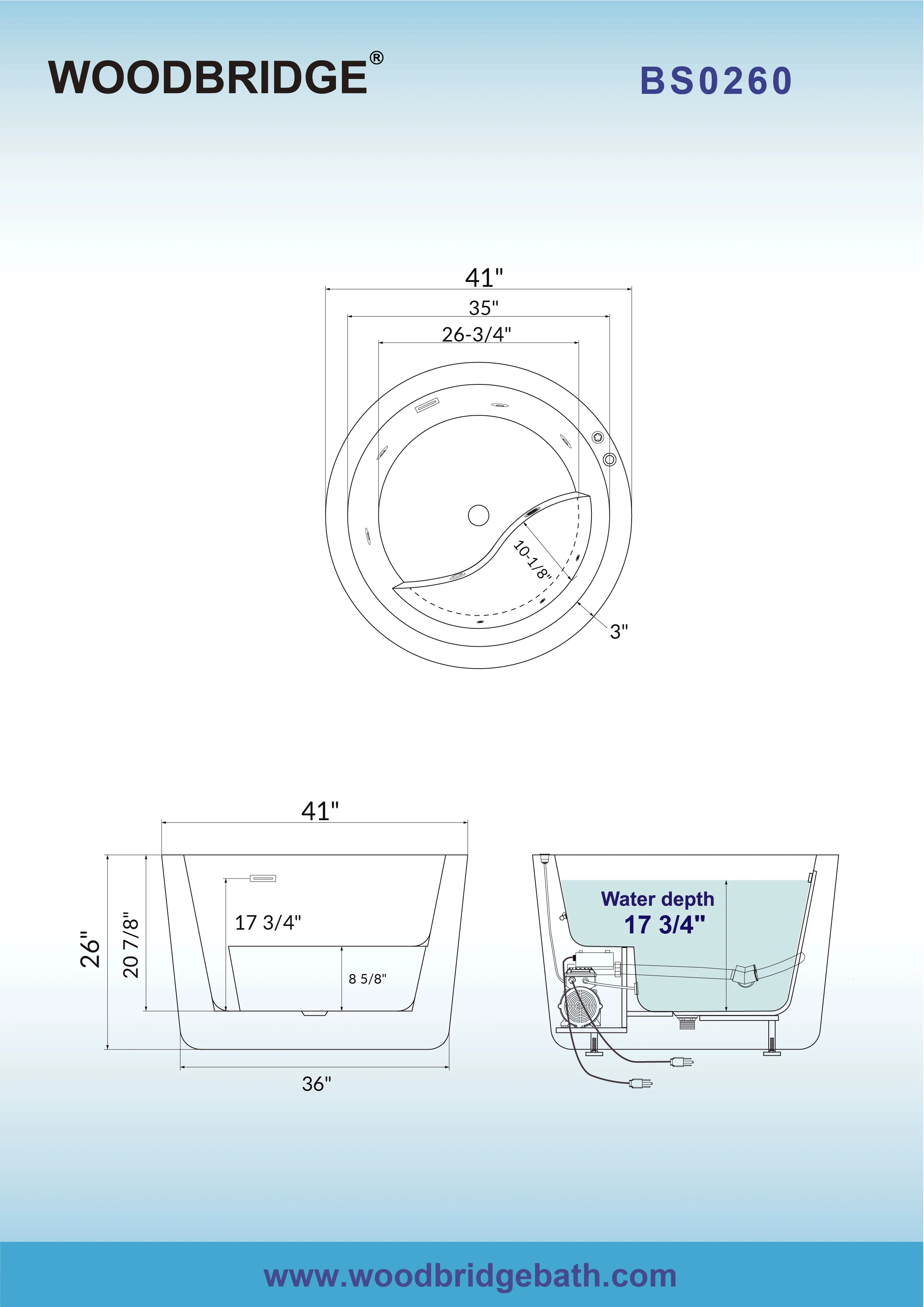 WOODBRIDGE 41 in. x 41 in. Acrylic Round Whirlpool Bathtub with Inline Heater, Pre‑Molded Seat, Reversible Drain, White