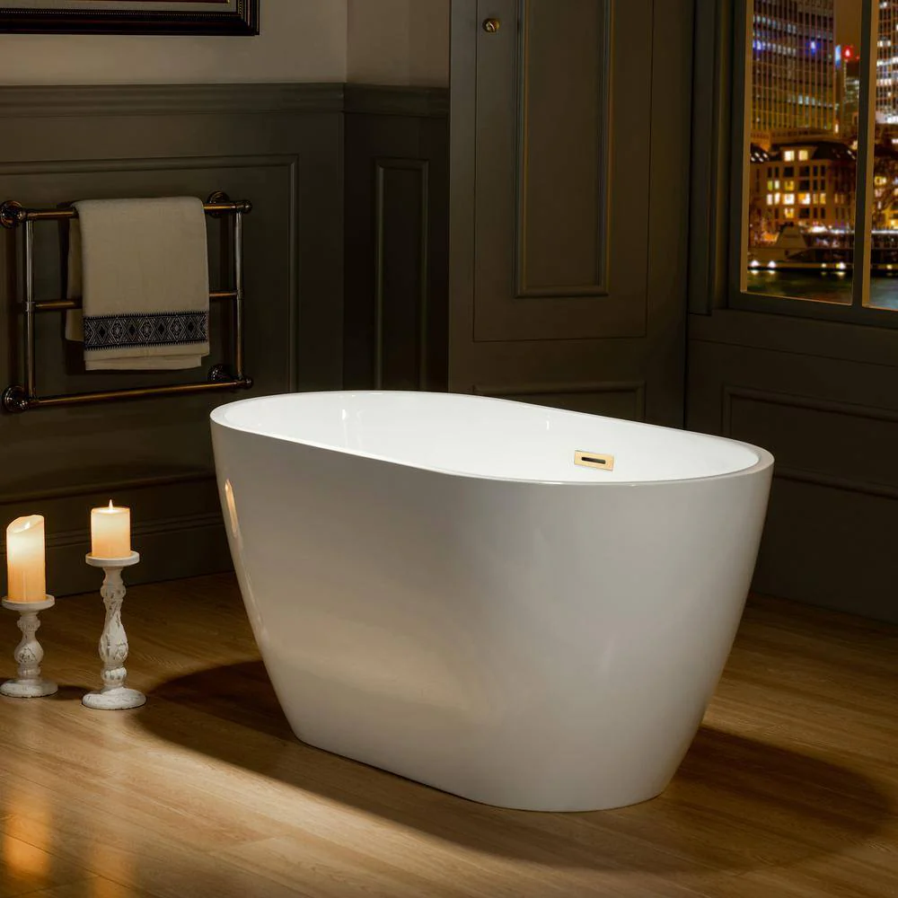 WOODBRIDGE 48 in. Acrylic Flatbottom Freestanding Bathtub in White with Brushed Gold Drain and Overflow - Image 3