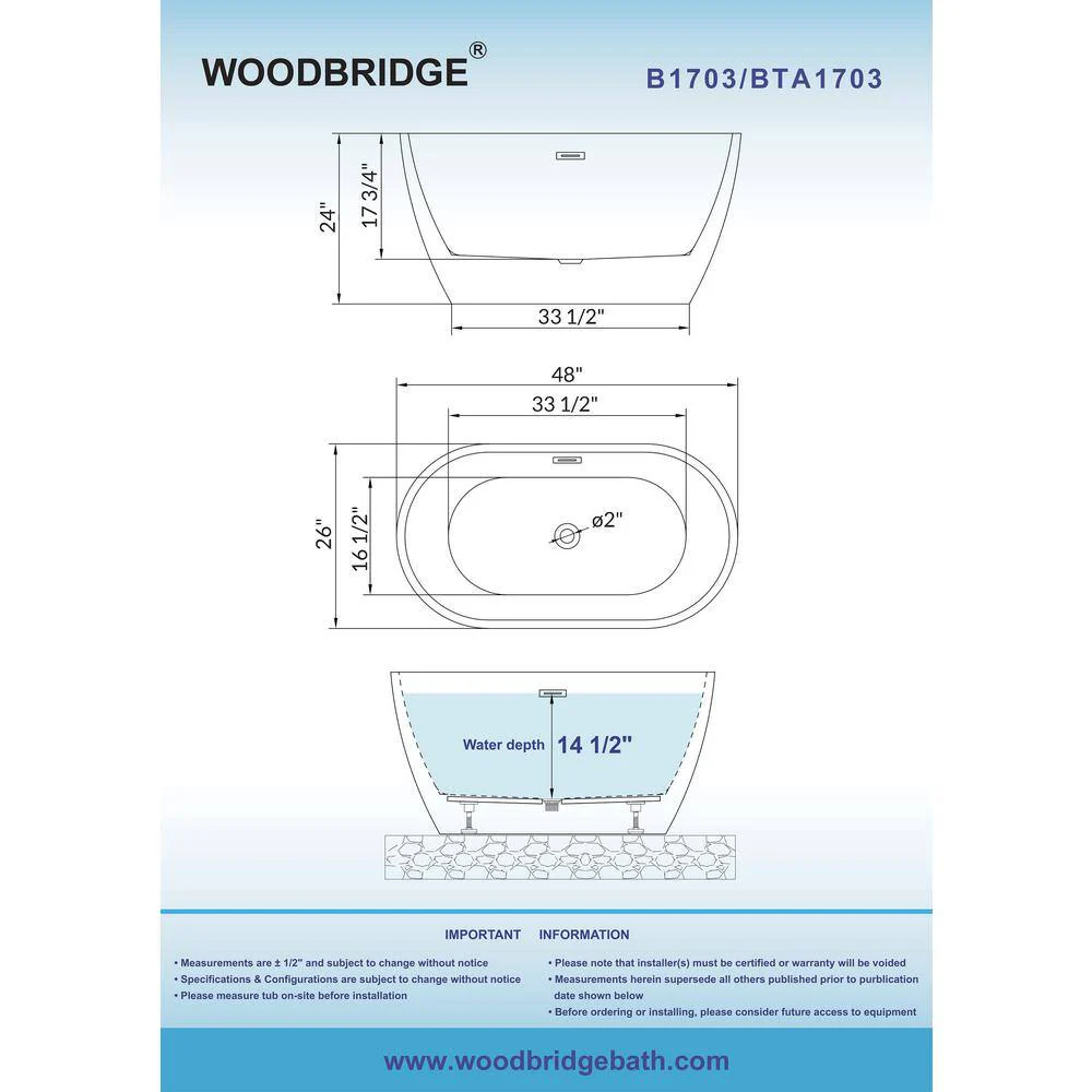 WOODBRIDGE 48 in. Acrylic Flatbottom Freestanding Bathtub in White with Brushed Gold Drain and Overflow - Image 5