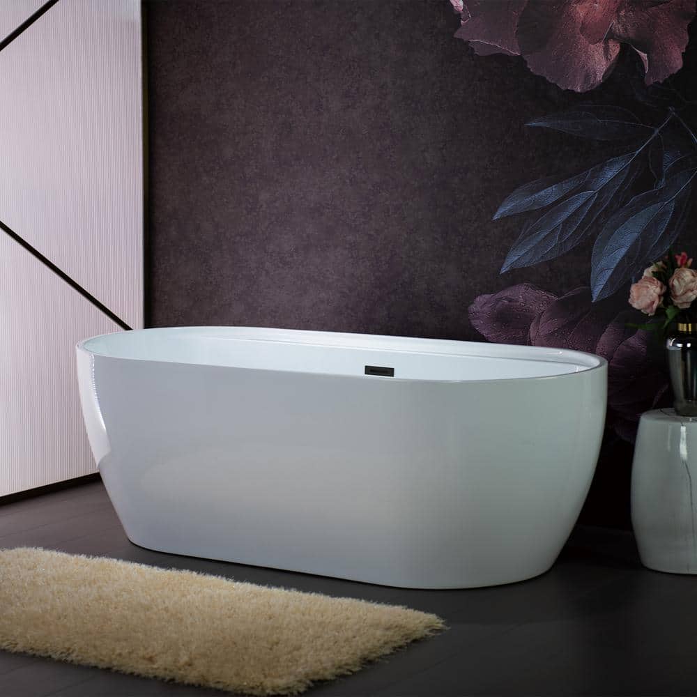 WOODBRIDGE Alacant 67 in. x 31.5 in. Acrylic Flat Bottom Soaking Bathtub with Center Drain and Overflow, White with Matte Black - Image 3
