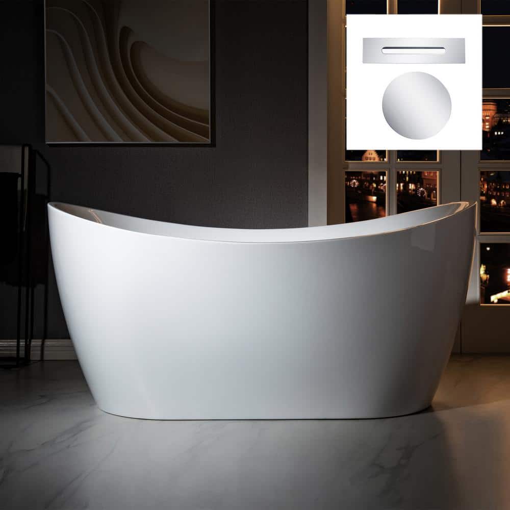 WOODBRIDGE Beauvais 59 in. Acrylic FlatBottom Double Slipper Bathtub with Polished Chrome Overflow and Drain, White