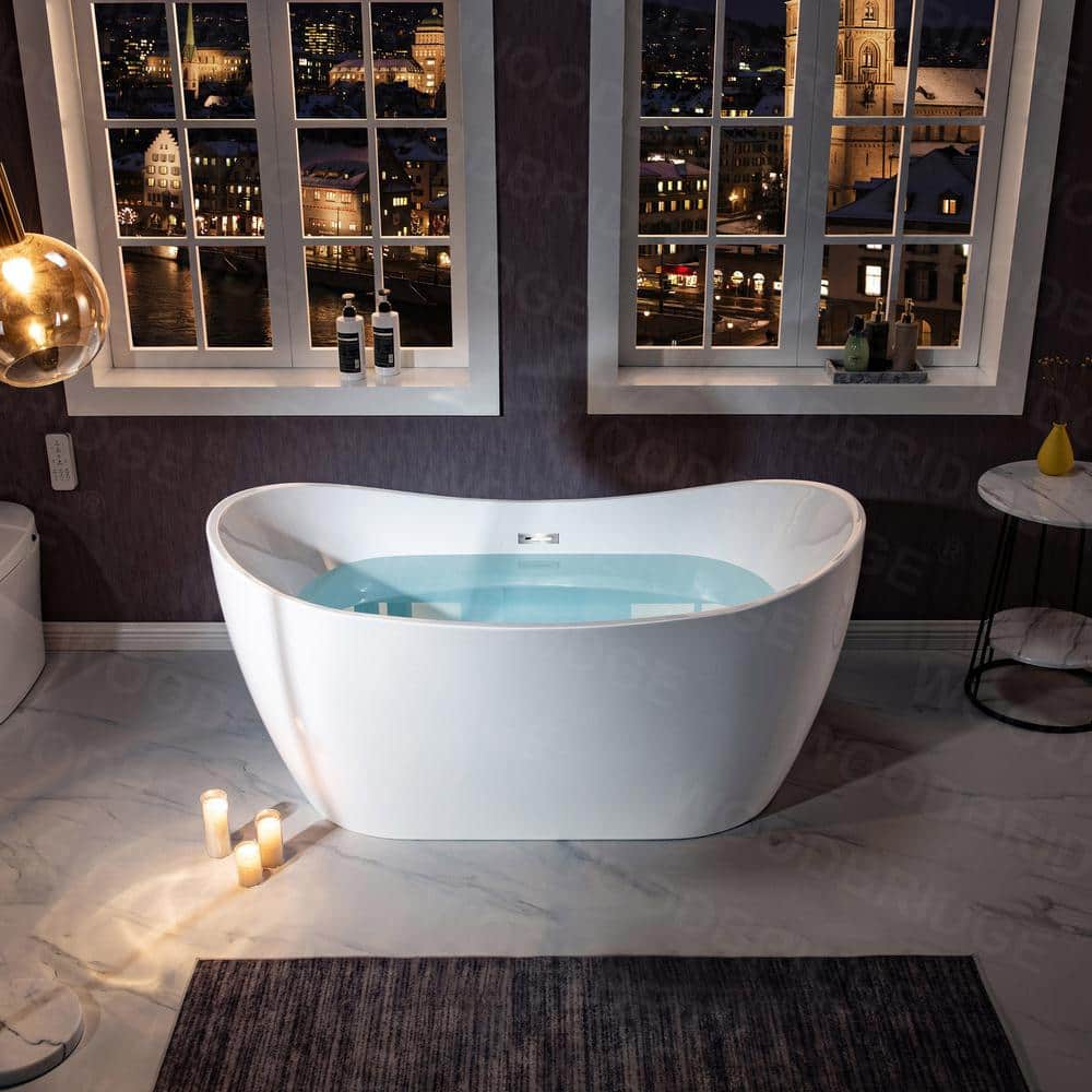 WOODBRIDGE Beauvais 59 in. Acrylic FlatBottom Double Slipper Bathtub with Polished Chrome Overflow and Drain, White - Image 2