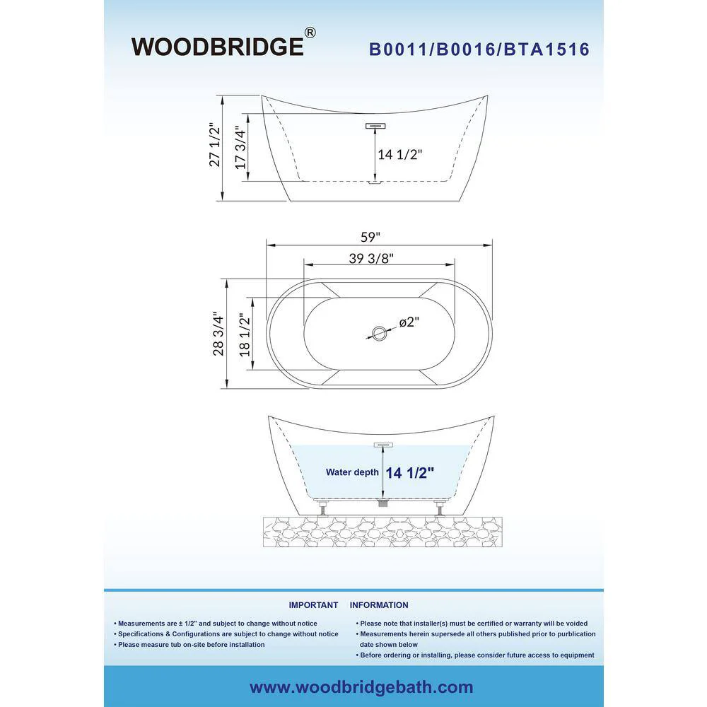 WOODBRIDGE Beauvais 59 in. Acrylic FlatBottom Double Slipper Bathtub with Polished Chrome Overflow and Drain, White - Image 3