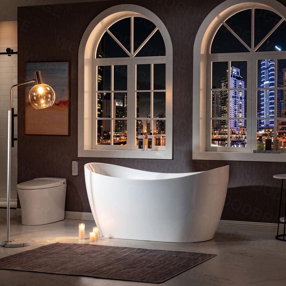 WOODBRIDGE Beauvais 59 in. Acrylic FlatBottom Double Slipper Bathtub with Polished Chrome Overflow and Drain, White - Image 4
