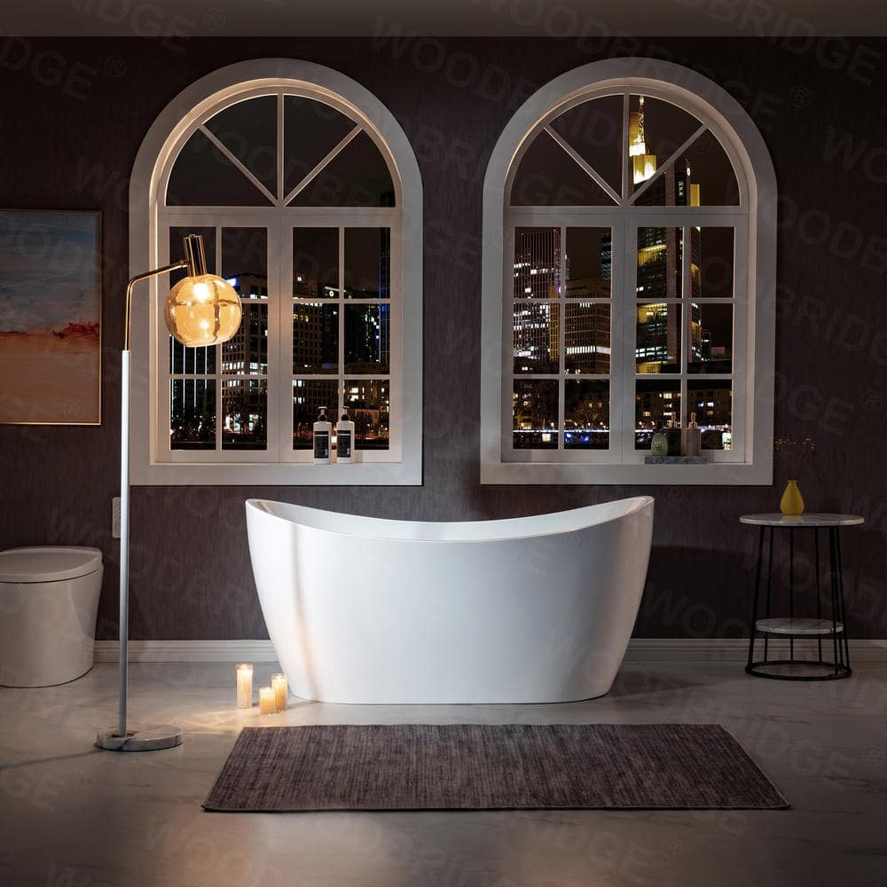 WOODBRIDGE Beauvais 59 in. Acrylic FlatBottom Double Slipper Bathtub with Polished Chrome Overflow and Drain, White - Image 6