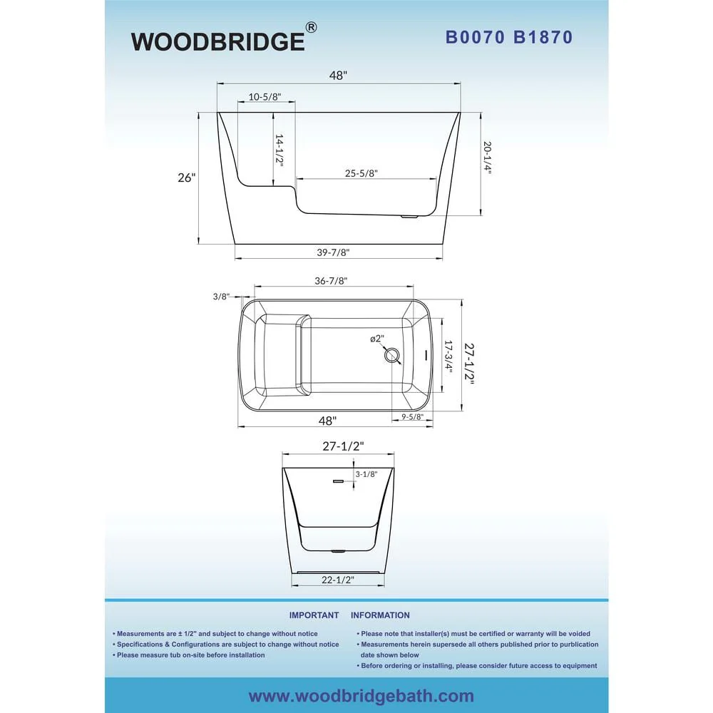 WOODBRIDGE Cube 48 in. x 27.5 in. Acrylic Flat Bottom Soaking Bathtub with Reversible Drain in White with Polished Chrome - Image 6