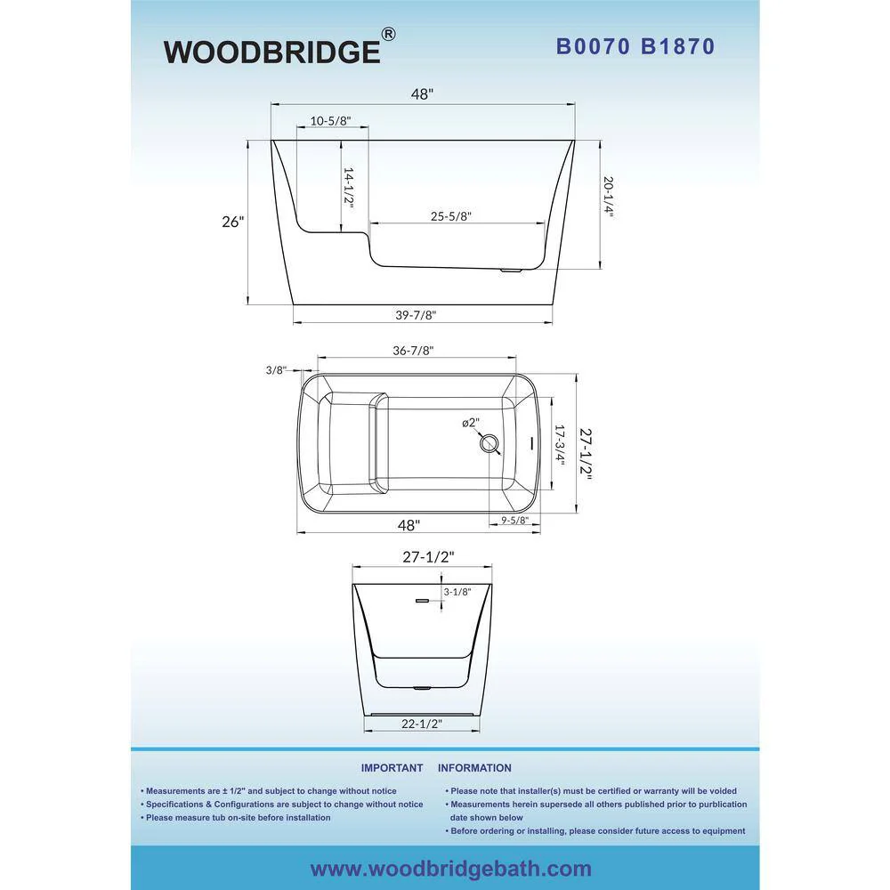 WOODBRIDGE Cube 48 in. x 27.5 in. Acrylic Flat Bottom Soaking Bathtub with Reversible Drain, White with Oil Rubbed Bronze - Image 6