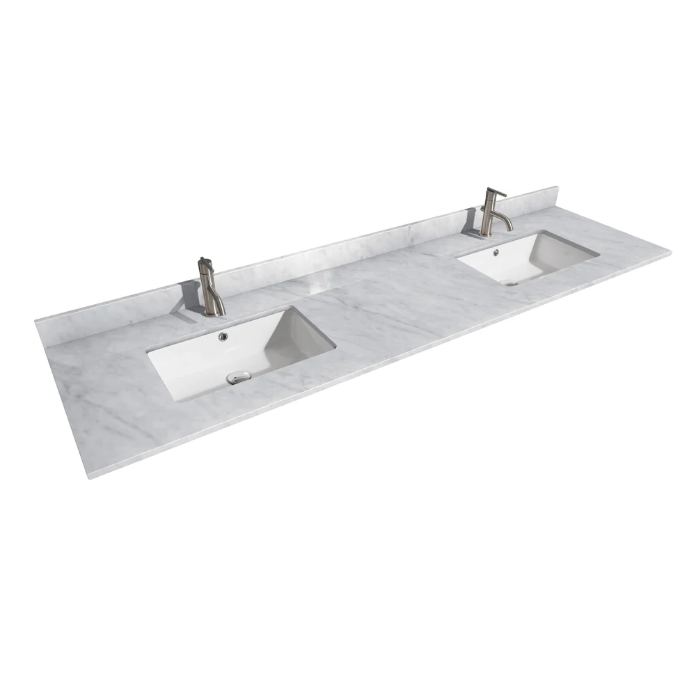 Wyndham Collection 80 in. White Carrara Marble Double Basin Vanity Top with Undermount Square Sinks
