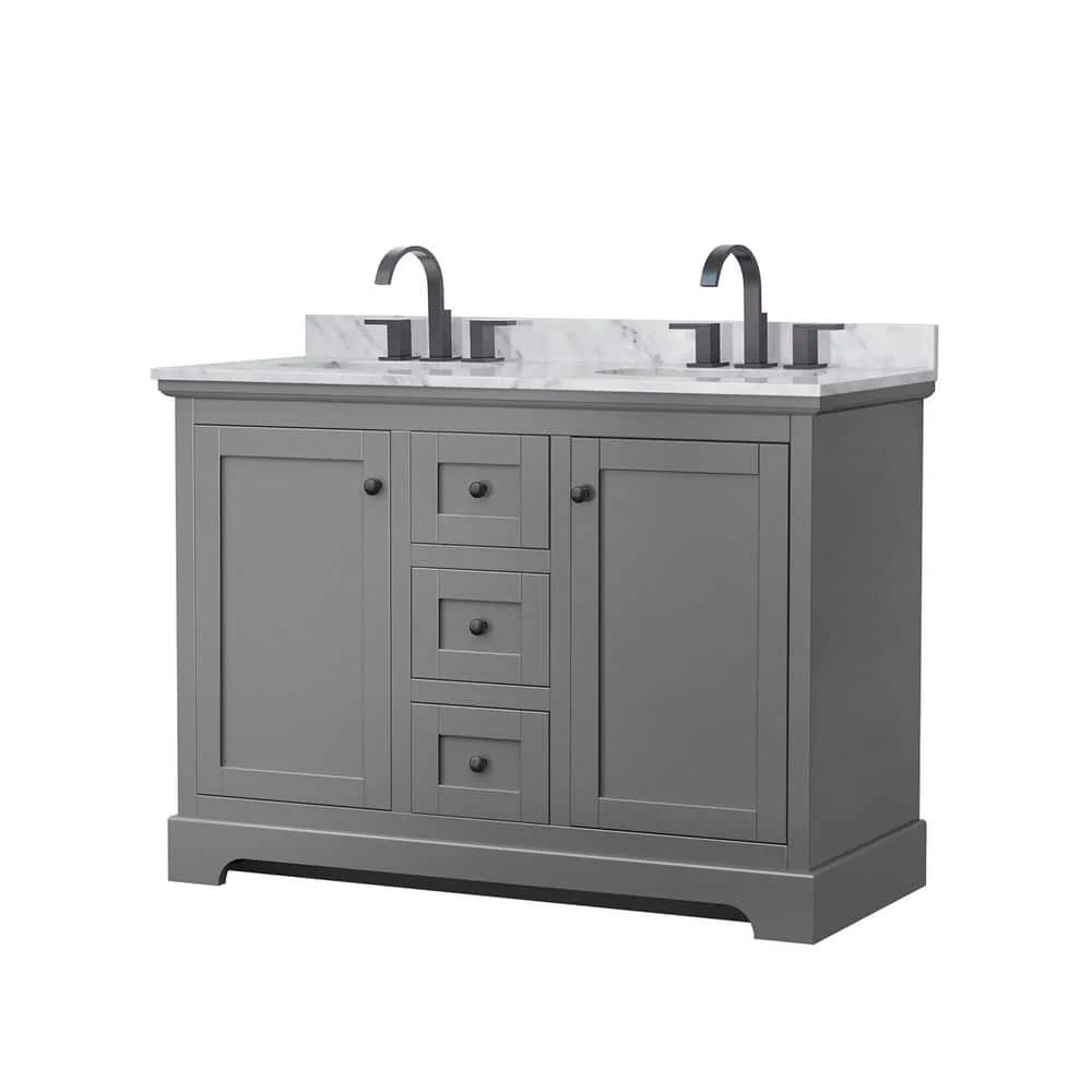 Wyndham Collection Avery 48" Double Bath Vanity in Dark Gray with White Carrara Marble Top - Image 3