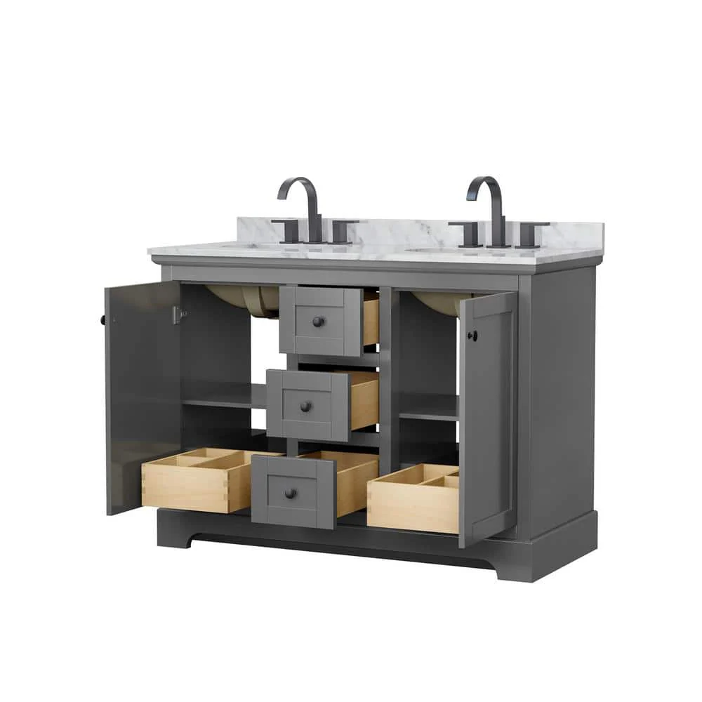 Wyndham Collection Avery 48" Double Bath Vanity in Dark Gray with White Carrara Marble Top - Image 4