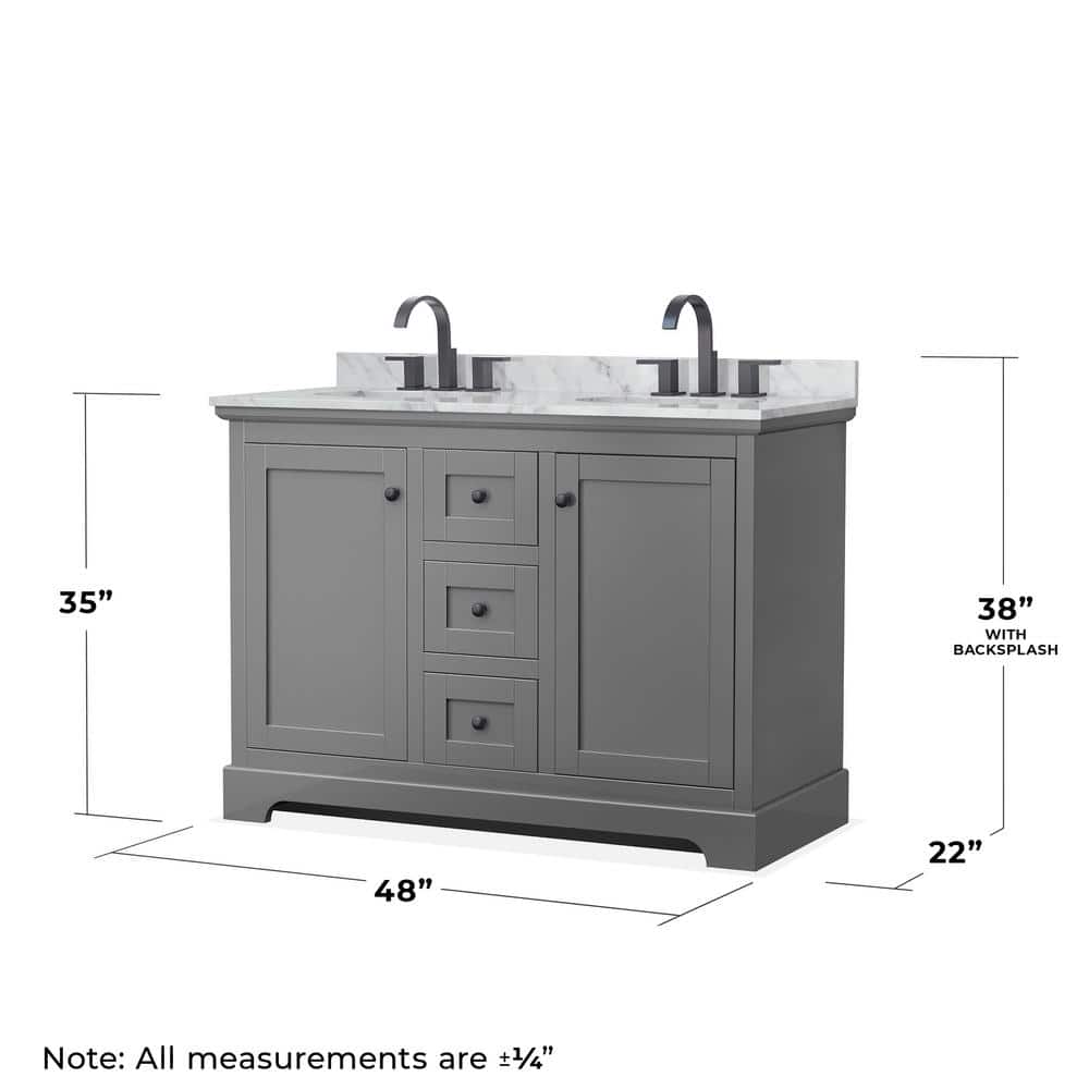 Wyndham Collection Avery 48" Double Bath Vanity in Dark Gray with White Carrara Marble Top - Image 5