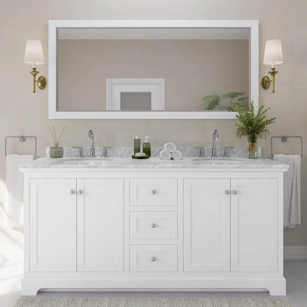 Wyndham Collection Avery 72" White Bathroom Vanity with Marble Top and Double Sinks