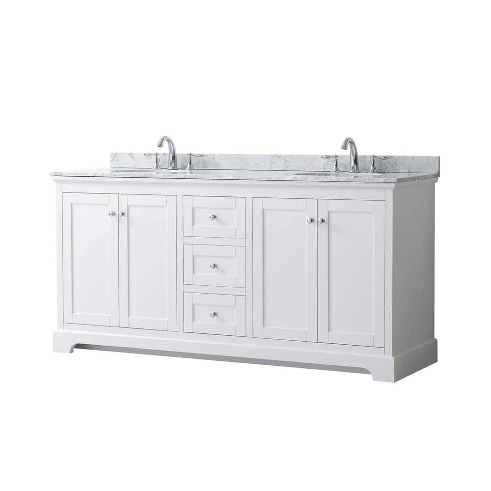 Wyndham Collection Avery 72" White Bathroom Vanity with Marble Top and Double Sinks - Image 3