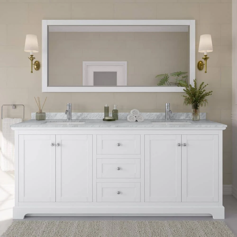 Wyndham Collection Avery 80 in. Bathroom Vanity with White Carrara Marble Top and Double Sinks