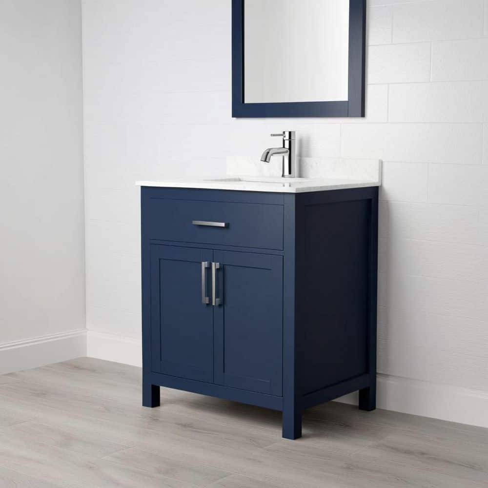 Wyndham Collection Beckett 30" Bathroom Vanity in Dark Blue with Carrara Marble Top - Image 2