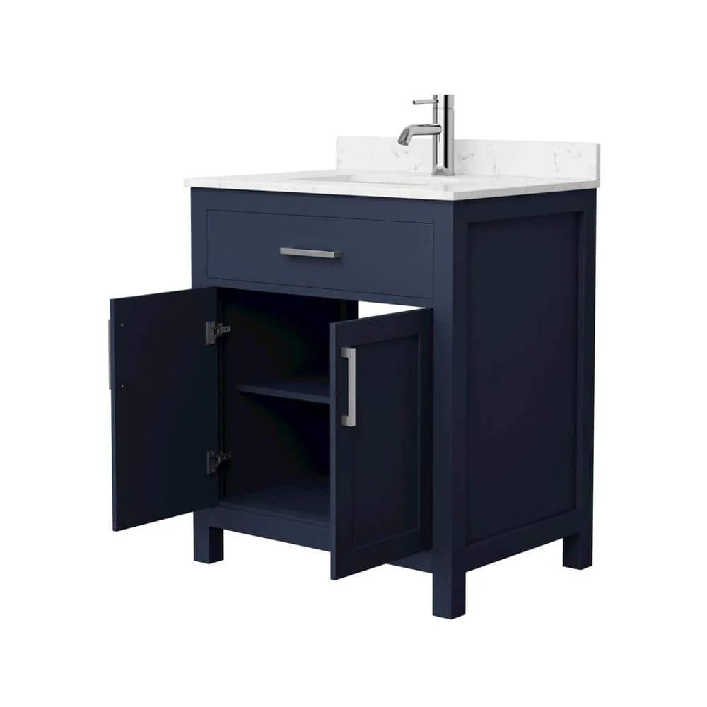 Wyndham Collection Beckett 30" Bathroom Vanity in Dark Blue with Carrara Marble Top - Image 3