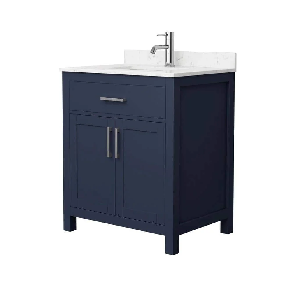Wyndham Collection Beckett 30" Bathroom Vanity in Dark Blue with Carrara Marble Top - Image 4