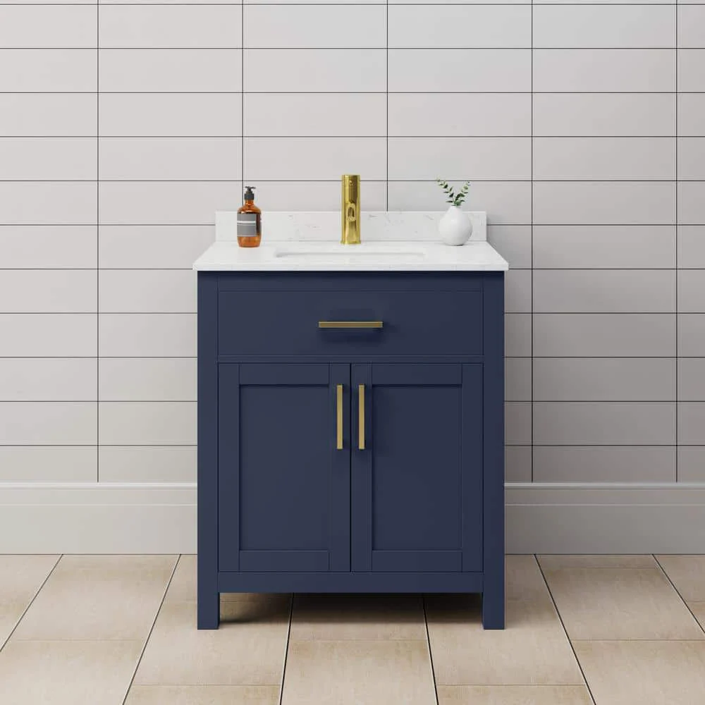 Wyndham Collection Beckett 30" Dark Blue Bathroom Vanity with Carrara Cultured Marble Top