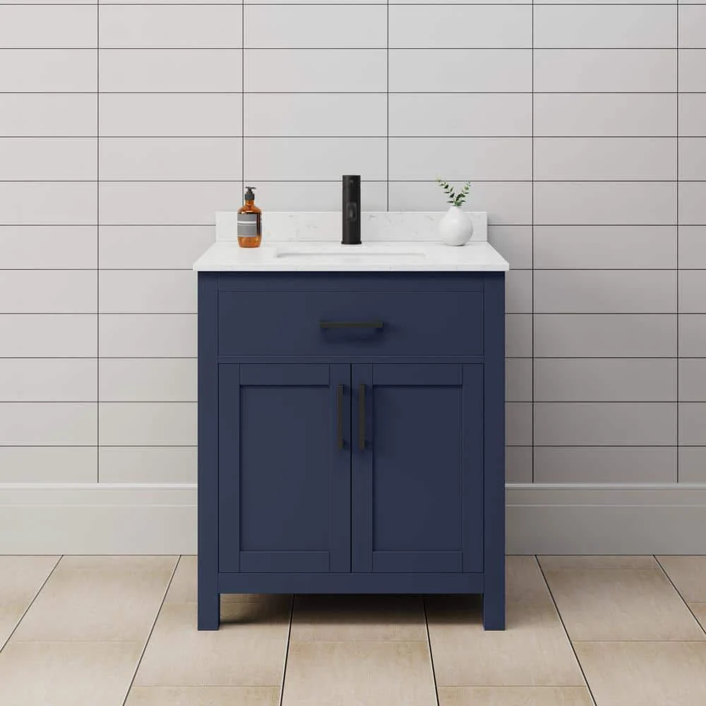 Wyndham Collection Beckett 30" Dark Blue Bathroom Vanity with Carrara Marble Top