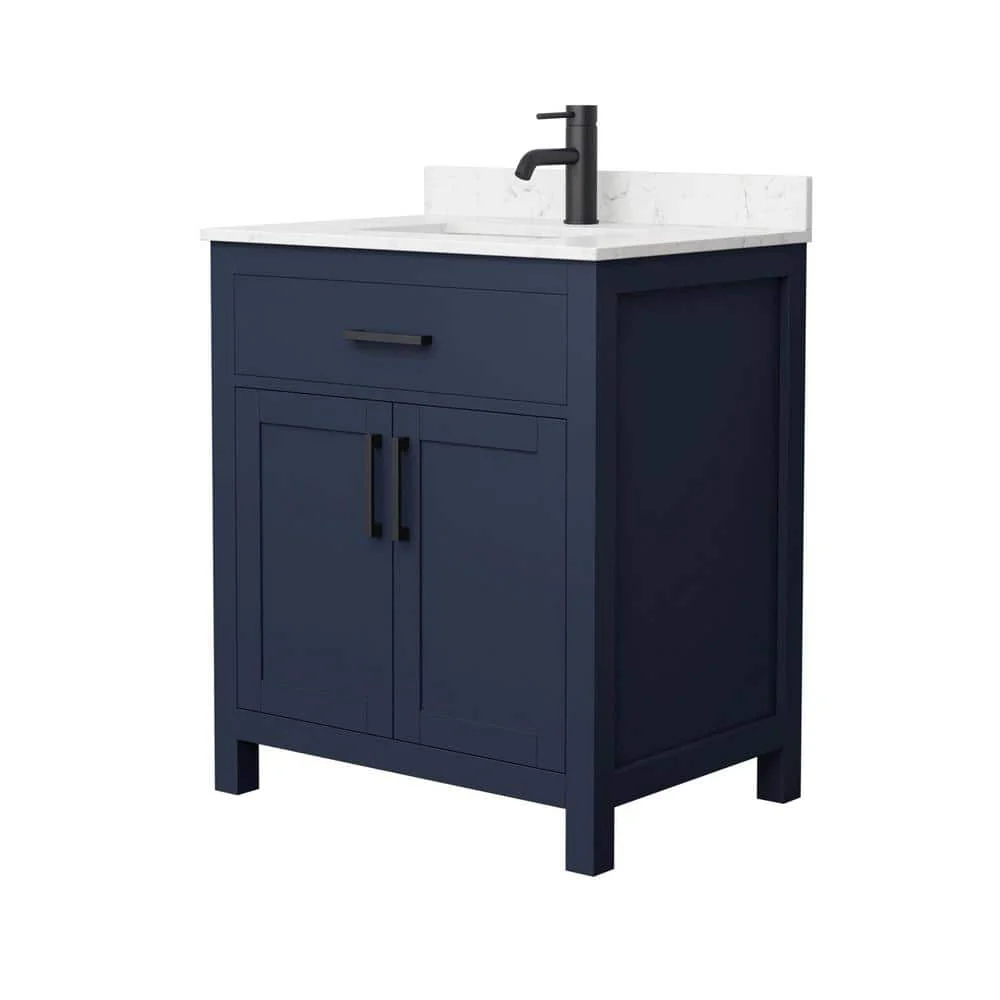 Wyndham Collection Beckett 30" Dark Blue Bathroom Vanity with Carrara Marble Top - Image 2