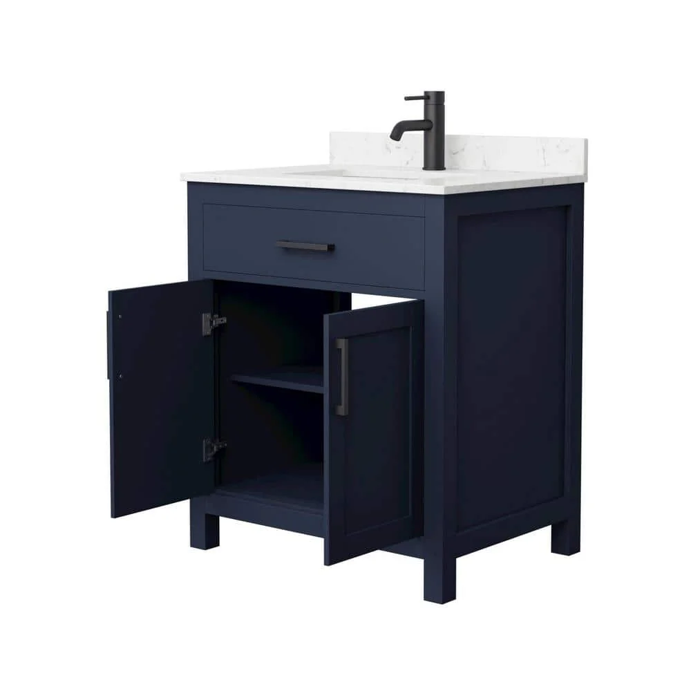 Wyndham Collection Beckett 30" Dark Blue Bathroom Vanity with Carrara Marble Top - Image 3