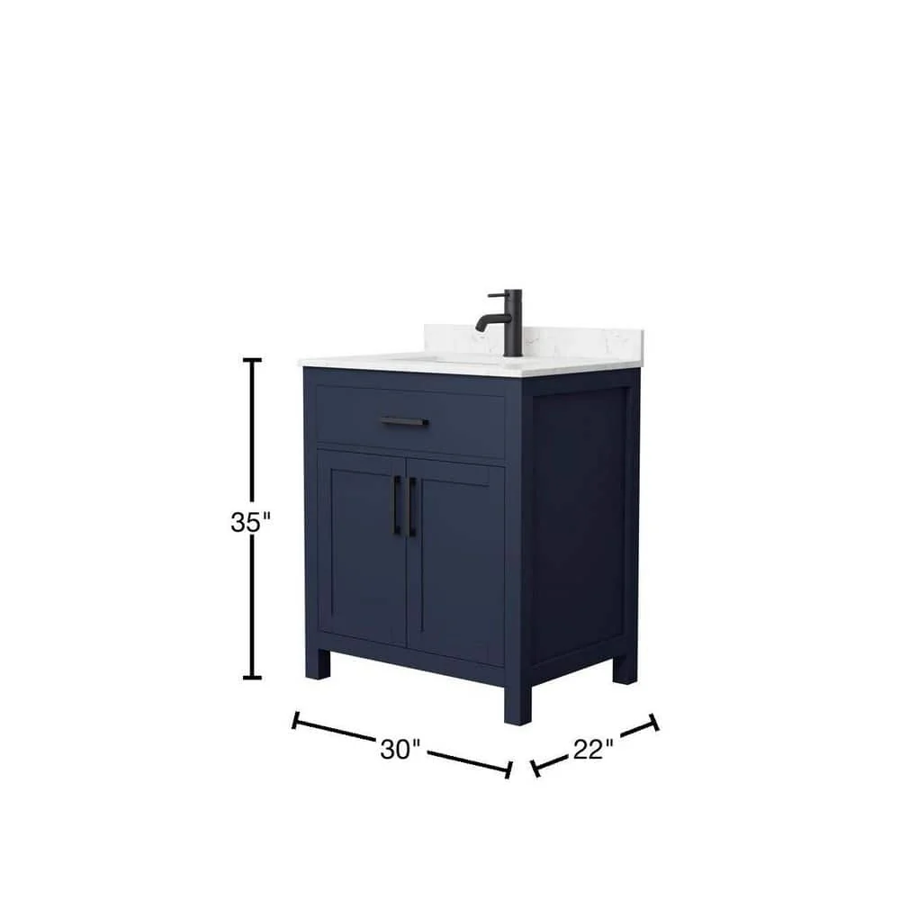 Wyndham Collection Beckett 30" Dark Blue Bathroom Vanity with Carrara Marble Top - Image 4
