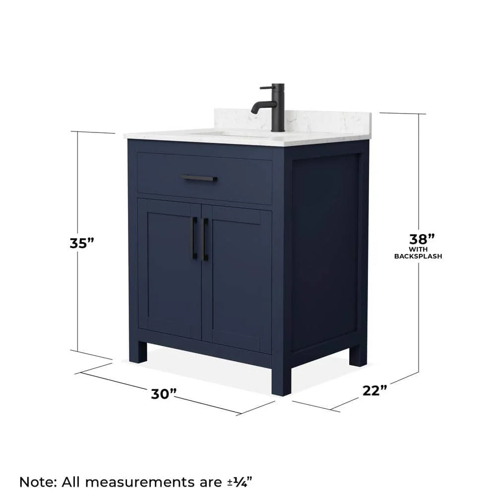Wyndham Collection Beckett 30" Dark Blue Bathroom Vanity with Carrara Marble Top - Image 5