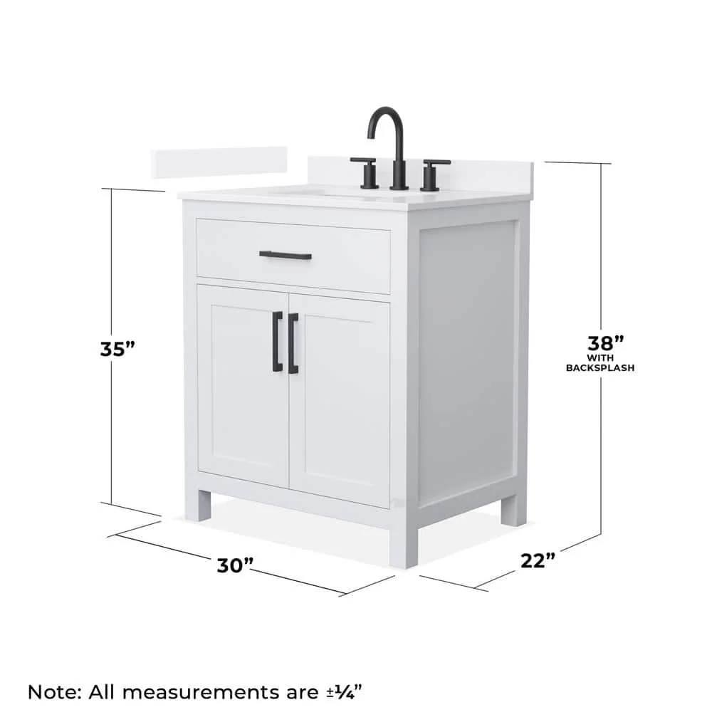 Wyndham Collection Beckett 30 in. Freestanding White Bath Vanity with Quartz Top - Image 3
