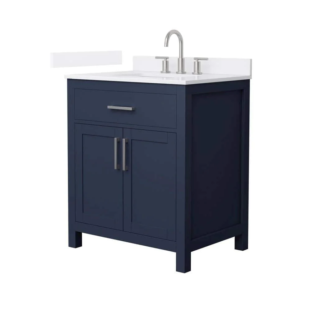 Wyndham Collection Beckett 30 in. Freestanding Dark Blue Bath Vanity with White Quartz Top