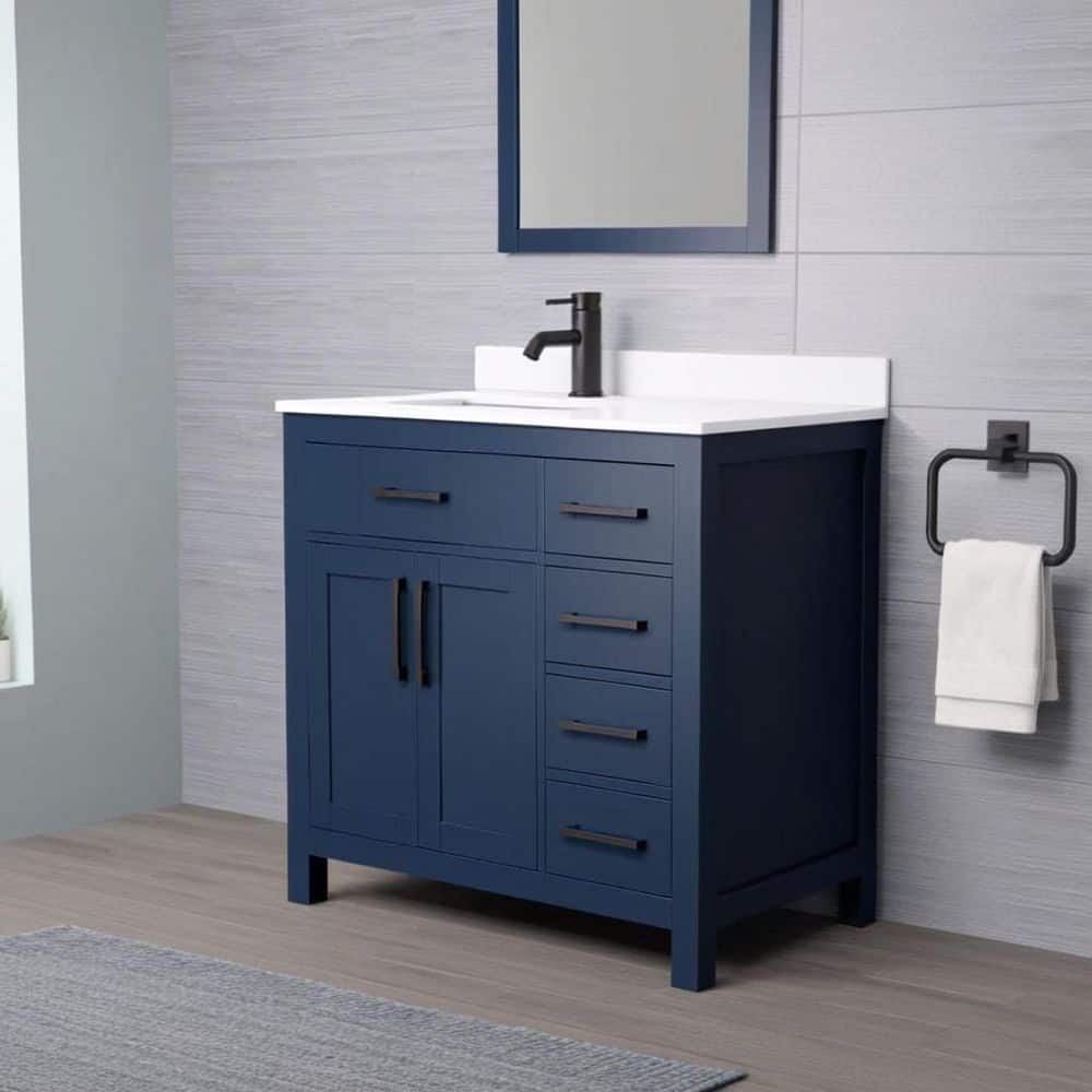 Wyndham Collection Beckett 36" Bathroom Vanity in Dark Blue with White Cultured Marble Top - Image 2