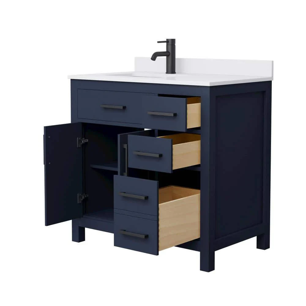 Wyndham Collection Beckett 36" Bathroom Vanity in Dark Blue with White Cultured Marble Top - Image 4