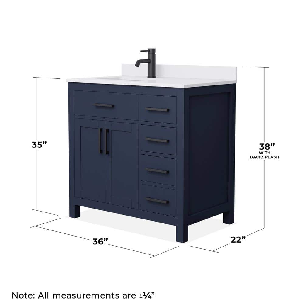 Wyndham Collection Beckett 36" Bathroom Vanity in Dark Blue with White Cultured Marble Top - Image 5